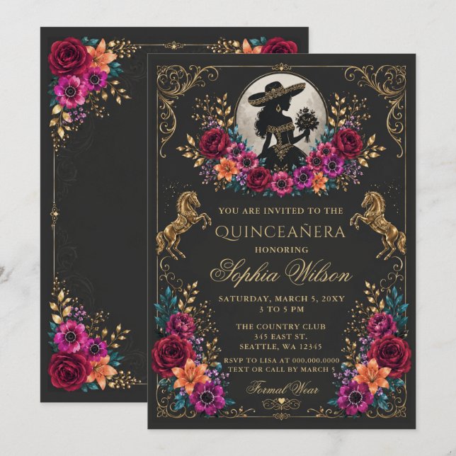 Invitación Caballo Occidental de Oro Negro Floral Charra Quin (Anverso / Reverso)