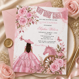 Invitación Caballo Occidental Rosa Floral Charra Quinceañera