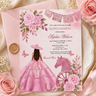 Invitación Caballo Occidental Rosa Floral Charra Quinceañera