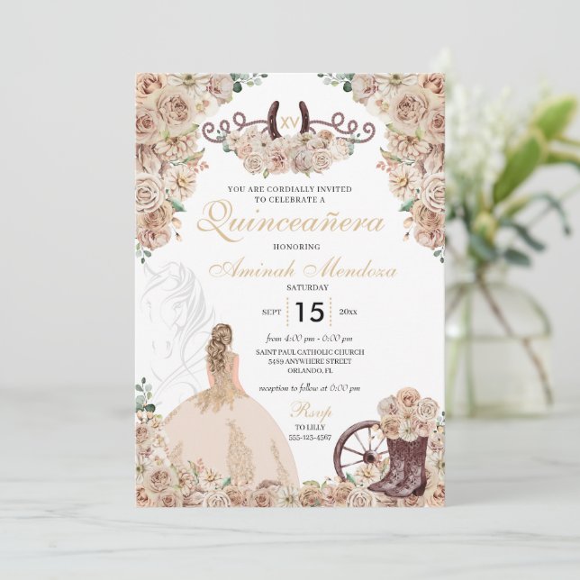 Invitación Caballo Occidental Rústico de Champagne de Oro Qui (Anverso de pie)