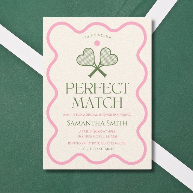 Invitación Caballo perfecto Tenis Ducha de Novias Rosa y Verd (She found her perfect match tennis inspired bridal shower pink & green wavy frame modern )