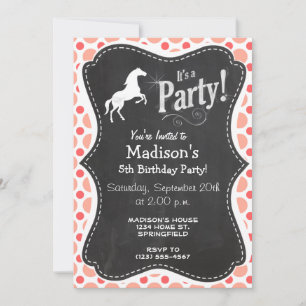 Invitación Caballo; puntos de polka rosada y coral