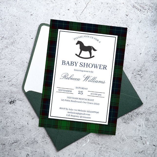Invitación Caballo rockero verde clásico ducha bebé (Classic emerald green plaid vintage rocking horse baby shower invitation cards template)