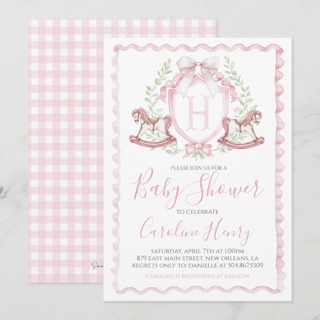 Invitación Caballo rocoso Baby Shower Rosa Gingham Rosa (Anverso / Reverso)