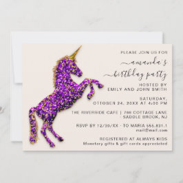 Invitación Caballo Unicornio Purpurina de oro violeta púrpura