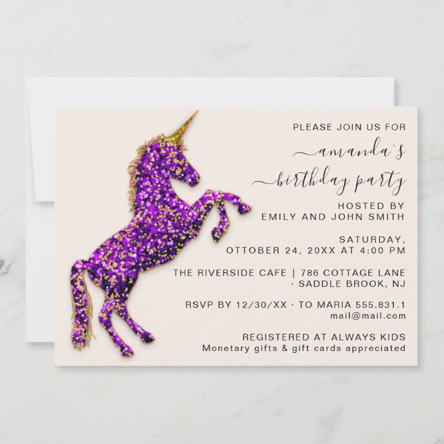 Invitación Caballo Unicornio Purpurina de oro violeta púrpura (Anverso)