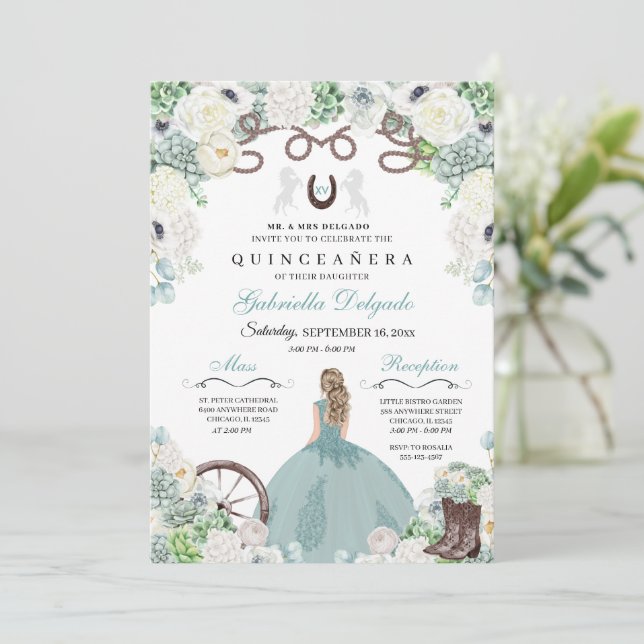 Invitación Caballo verde de Mint Occidental Charra Quinceañer (Anverso de pie)