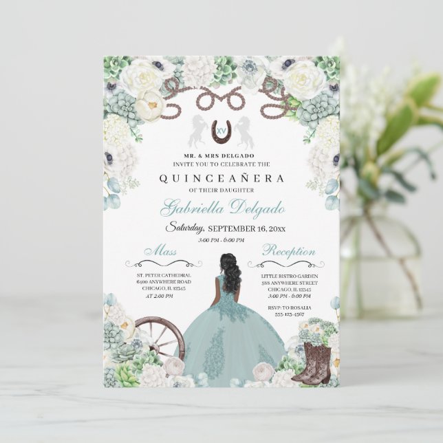 Invitación Caballo verde de Mint Occidental Charra Quinceañer (Anverso de pie)