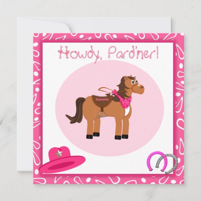 Invitación Caballo y fiesta de cumpleaños rosada de la (Anverso)