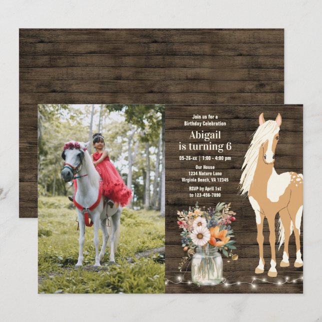 Invitación Caballo y flores Foto de madera rústica Cumpleaños (Anverso / Reverso)
