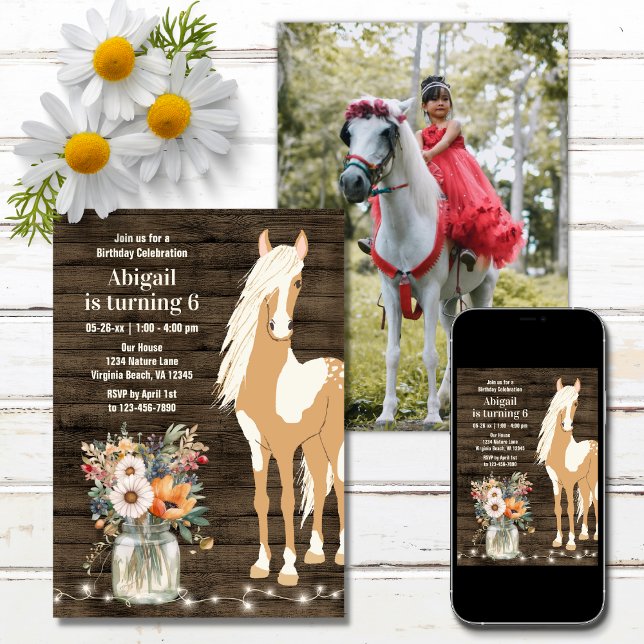 Invitación Caballo y flores Foto de madera rústica Cumpleaños (Subido por el creador)