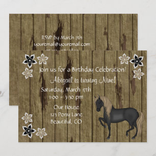 Invitación Caballo y flores marrones, cumpleaños de madera de