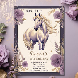 Invitación Caballo y flores morado y oro cumpleaños