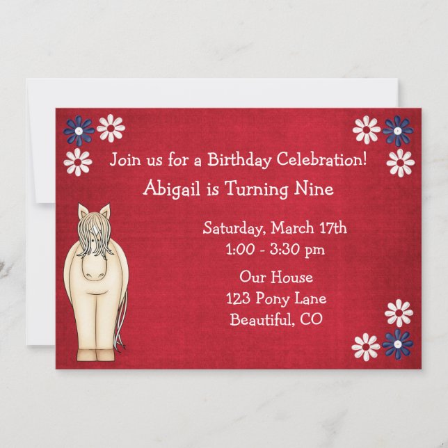 Invitación Caballo y flores rojas blanco y azul cumpleaños (Anverso)