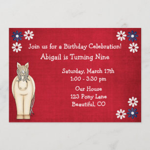 Invitación Caballo y flores rojas blanco y azul cumpleaños