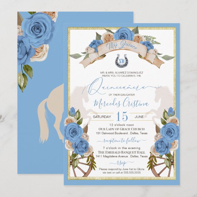 Invitación Caballos Azul Luz Charro Occidental Quinceanera (Anverso / Reverso)