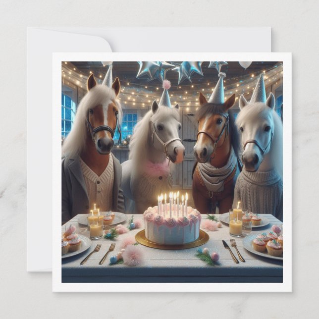 Invitación Caballos celebrando su cumpleaños con torta y gorr (Anverso)