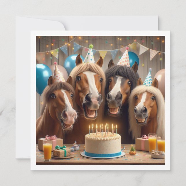 Invitación Caballos celebrando su cumpleaños con torta y gorr (Anverso)
