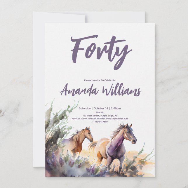 Invitación Caballos de acuarela 40º cumpleaños (Anverso)