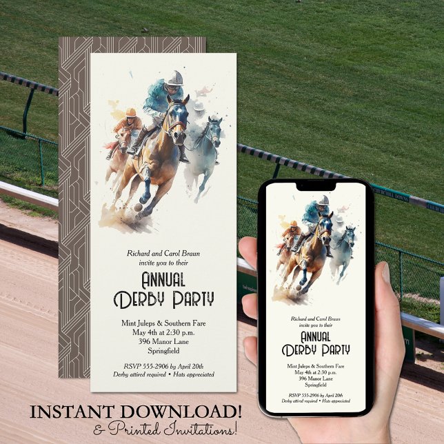 Invitación Caballos de carreras y Fiesta de Jockeys Brown Der (Racehorses and Jockeys Derby Party Invitations - INSTANT DOWNLOAD and/or PRINTED or both!)