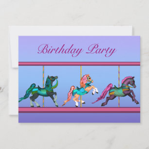 Invitación Caballos de Carusel Rosa y Morado Cumpleaños de Ni