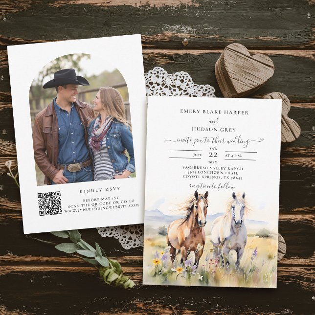 Invitación Caballos de flores silvestres pintando bodas rústi (country wedding invitation rustic western barn watercolor cowboy horses wildflowers calligraphy)