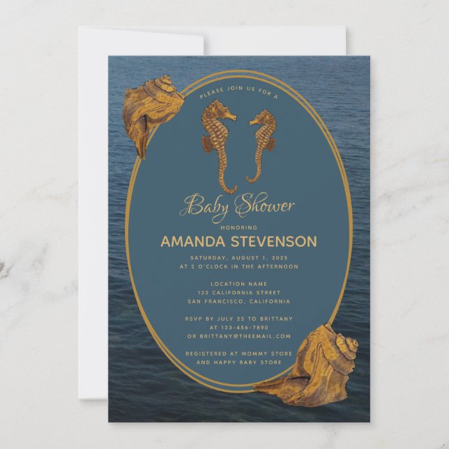 Invitación Caballos de mar de oro náutico Blue Ocean Baby Sho (Anverso)