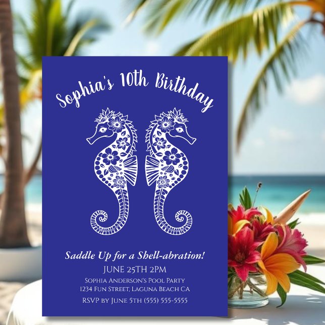 Invitación Caballos de mar - Fiesta de cumpleaños (Sea Horses-Fisherman Core-Hawaiian-Tropical-Birthday party invitations-Deep Blue)