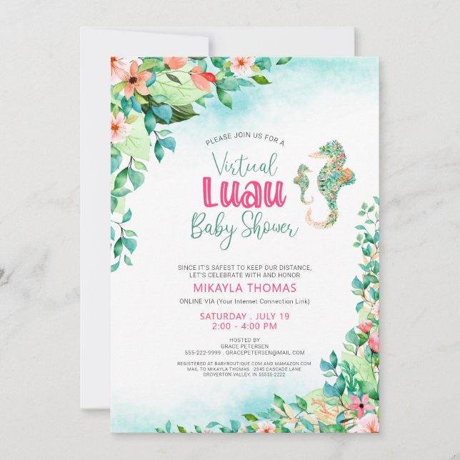 Invitación Caballos de mar Tropical Luau Virtual Baby Shower (Anverso)