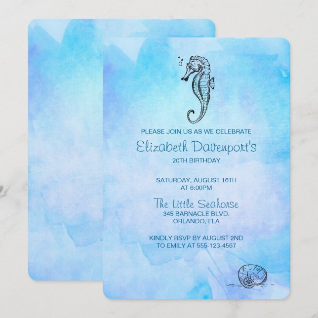 Invitación Caballos de mar y conchas marinas en el cumpleaños (Anverso / Reverso)