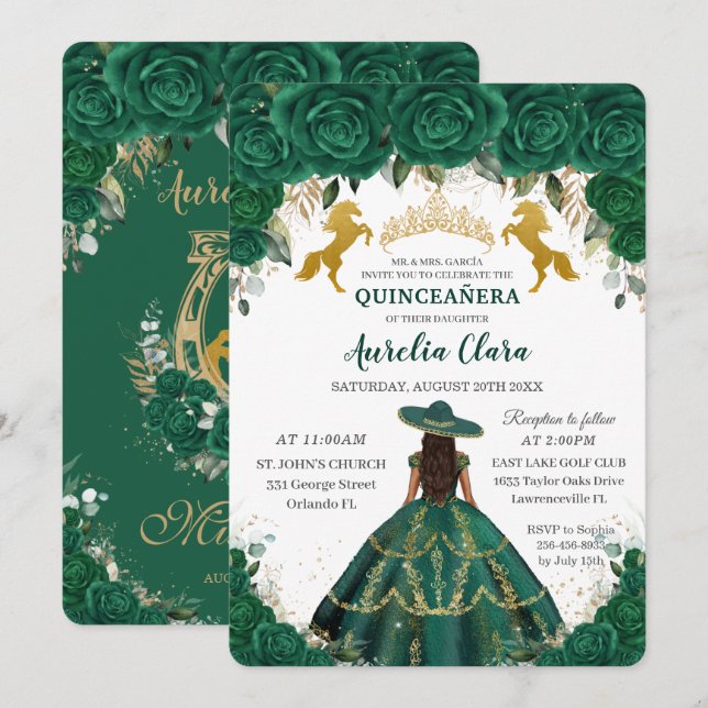 Invitación Caballos de oro de la princesa floral de esmeralda (Anverso / Reverso)