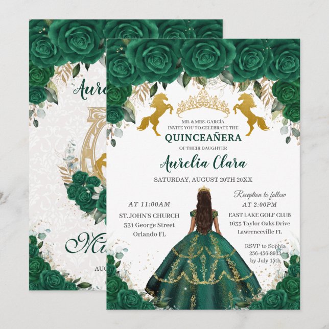 Invitación Caballos de oro de la princesa floral esmeralda de (Anverso / Reverso)