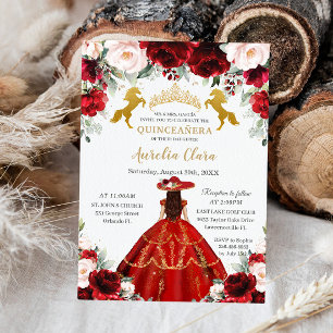 Invitación Caballos de oro florales de Rubor Rojo Quinceañera