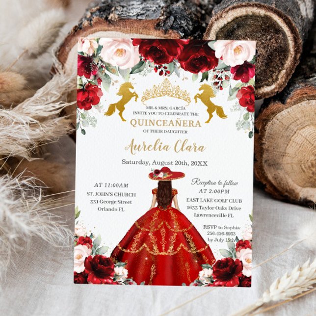 Invitación Caballos de oro florales de Rubor Rojo Quinceañera (Subido por el creador)