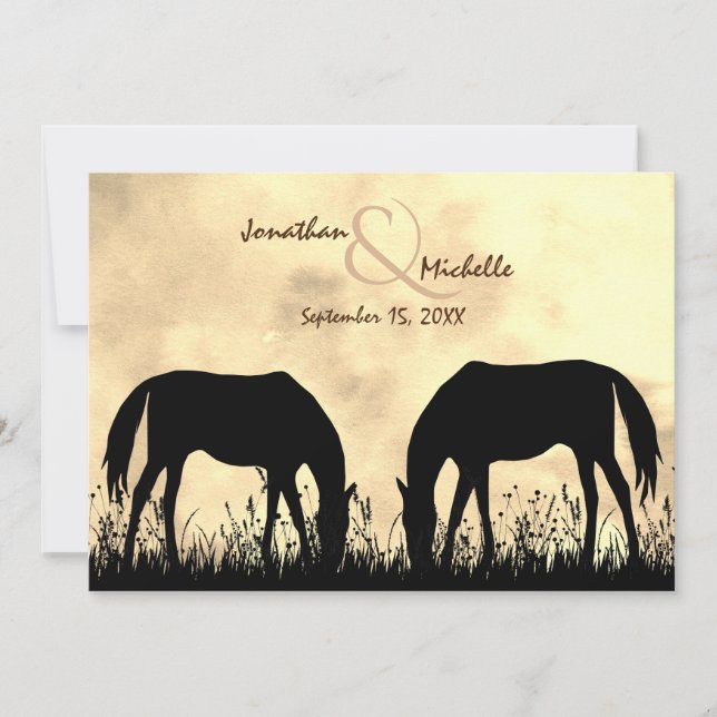 Invitación Caballos de silueta en Boda de atardecer de campo (Anverso)