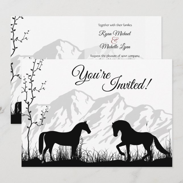 Invitación Caballos de silueta y Boda blanco negro de montaña (Anverso / Reverso)