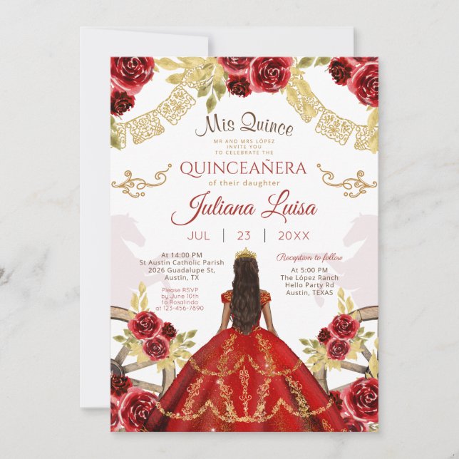 Invitación Caballos Floral de Oro Rojo de Quinceañera Occiden (Anverso)