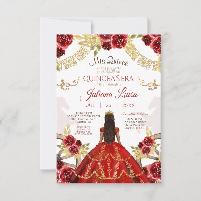 Invitación Caballos florales de oro rojo de Quinceañera mexic (Anverso)