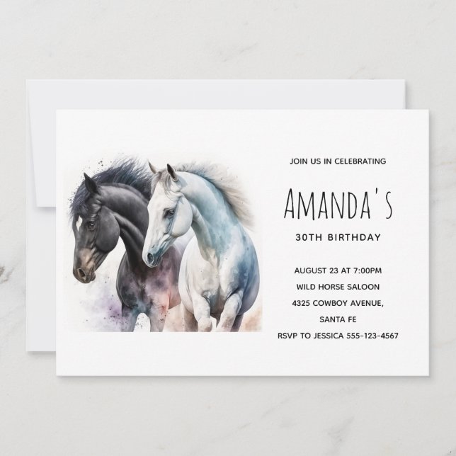 Invitación Caballos Hermosos en Acuarela de Cumpleaños (Anverso)
