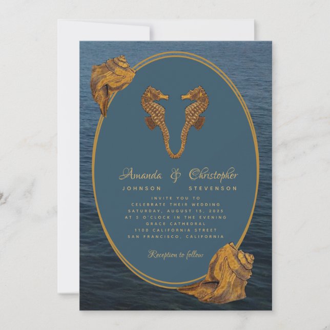Invitación Caballos Marinos de Oro Náutico Caracoles de Mar B (Anverso)
