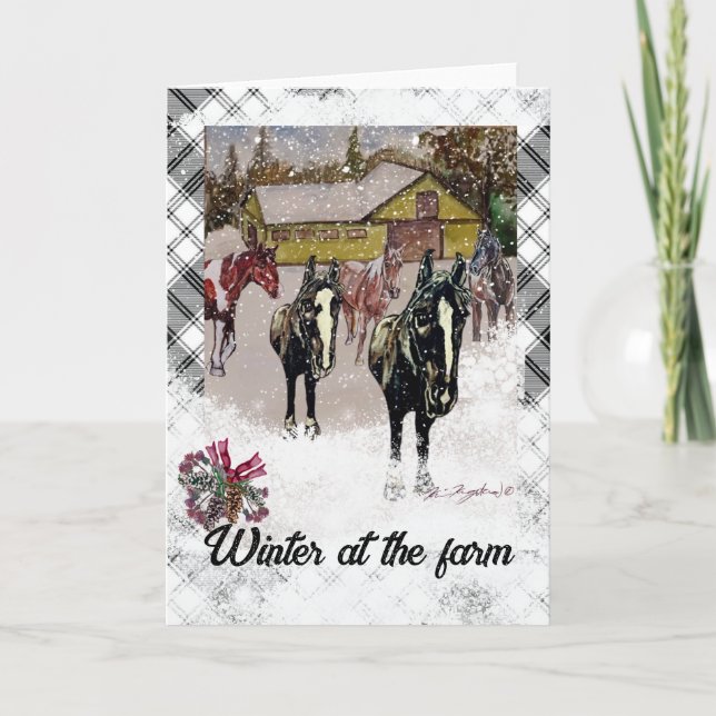 Invitación caballos negros en invierno en la granja de nieve (Anverso)