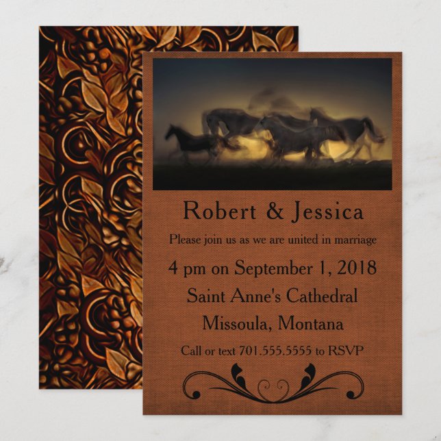 Invitación Caballos salvajes corriendo y fondo marrón occiden (Anverso / Reverso)