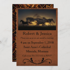 Invitación Caballos salvajes corriendo y fondo marrón occiden