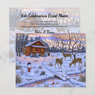 Invitación Cabaña de invierno ciervo en la escena de Navidad 