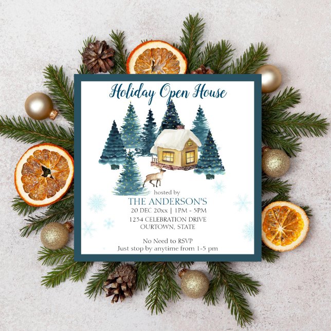 Invitación Cabaña de madera de invierno acuarela de vacacione (Holiday open house Christmas party editable template invitation digital download)