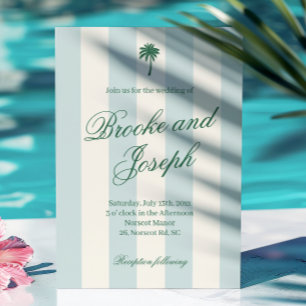 Invitación Cabaña de playa de rayas de palma isleña retro azu