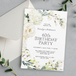 Invitación Cabaña Floral Blanca 60 cumpleaños<br><div class="desc">Celebra su cumpleaños número 60 con el encantador estilo de casa de campo con esta moda blanca y floral invitación a la fiesta de cumpleaños. Cuenta con una corona abierta de hortensias blancas, rosas y flores mixtas con eucalipto y otras zonas verdes. Personalice la plantilla de texto con los detalles...</div>