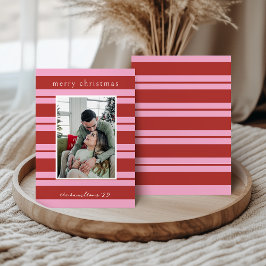 Invitación Cabana Pink and red Stripe Preppy Christmas card