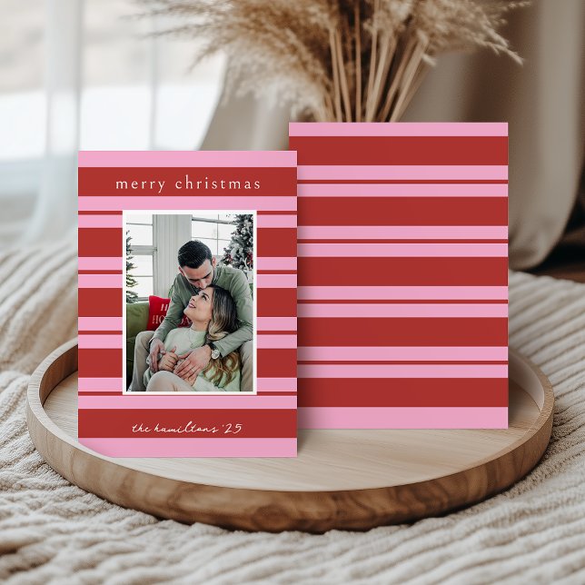 Invitación Cabana Pink and red Stripe Preppy Christmas card (Subido por el creador)
