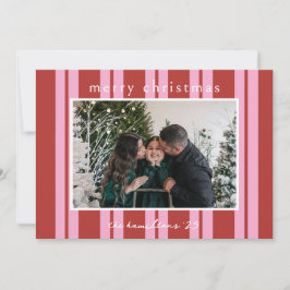 Invitación Cabana Pink red Stripe Preppy photo Christmas card